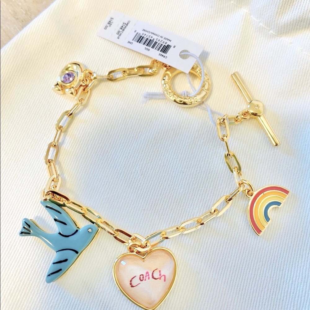 NWT Coach Diary Embroidery Charm Chain Bracelet Gold Multi-Color Plated Brass - Picture 2 of 2